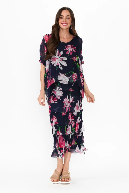 Katerina Navy Bloom Silk Overlay Maxi Dress Comfortable Satin Maxi Dress