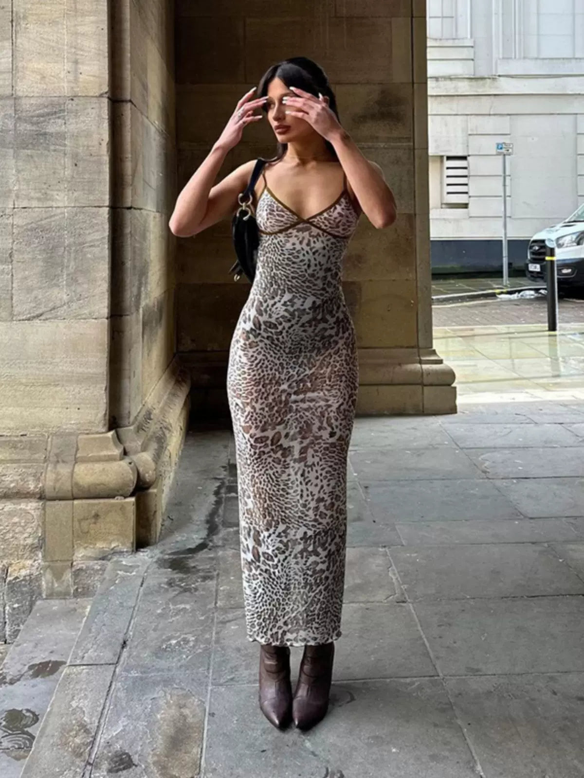 Keira Leopard Print Mesh Maxi Dress Elegant Maxi Dress with Ruffles