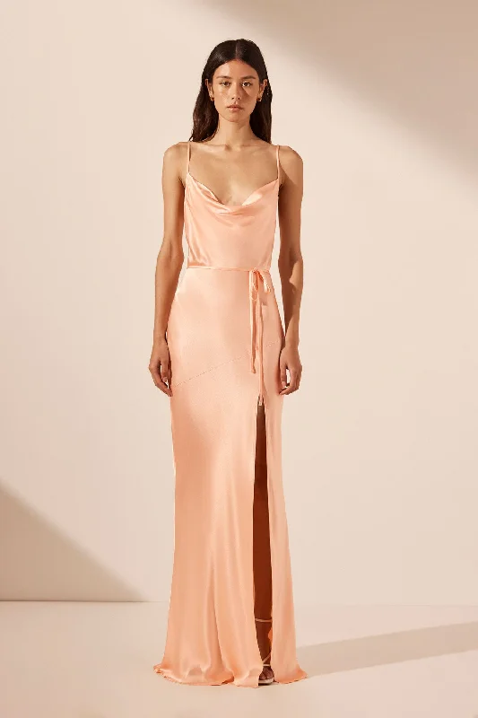 LA LUNE BIAS COWL MAXI DRESS - PEACH Trendy V-Neck Maxi Dress