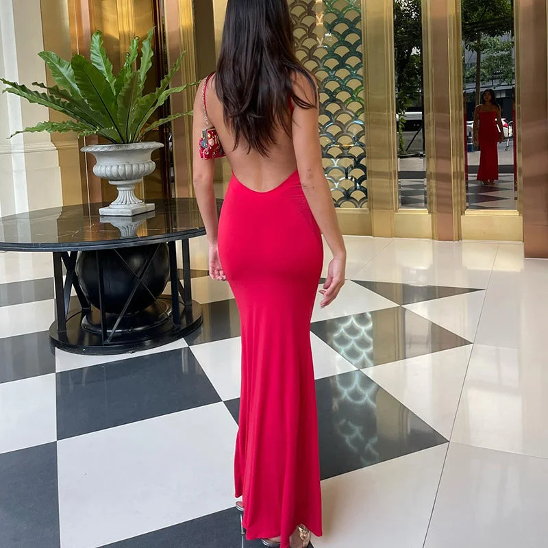 Lenore Backless Slim Maxi Dress Trendy Off-Shoulder Ruffle Maxi Dress