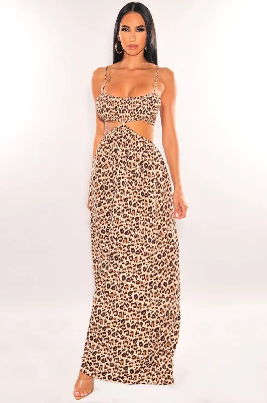 Leopard Print Spaghetti Straps Smocked Cut Out Maxi Dress Classic A-Line Maxi Dress