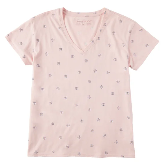 Life is Good. Women's Daisy Ditsy Allover Print Vee T-shirt, Himalayan Pink