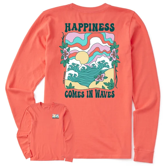 Life is Good. Women's Groovy Happiness Wave Long Sleeve Crusher-LITE Tee, Mango Orange