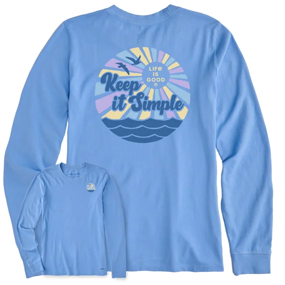 Life is Good. Women's Groovy Keep it Simple Sun & Sea Long Sleeve Crusher-LITE Tee, Cornflower Blue