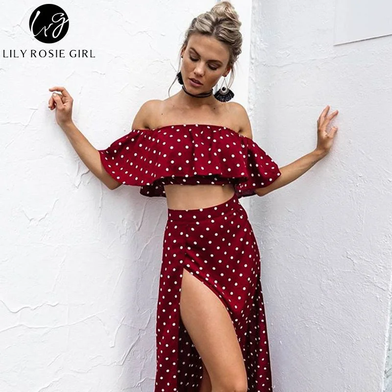 Lily Rosie Girl Women 2018 Off Shoulder Red Vintage Dot Long Dress Summer Maxi Dress Chiffon Ruffle Sexy Beach Dresses Vestidos Trendy Floral Print Maxi Dress