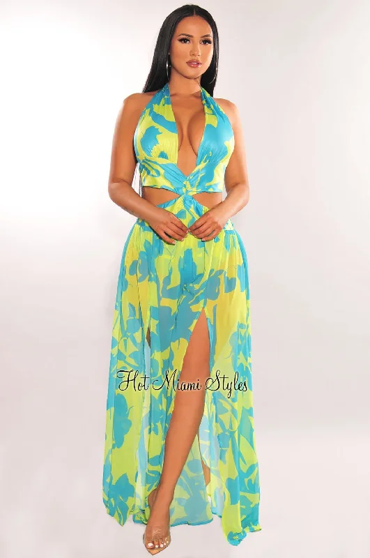 Lime Blue Halter Tie Up Cut Out Double Slit Maxi Dress Fashionable Faux Wrap Maxi Dress