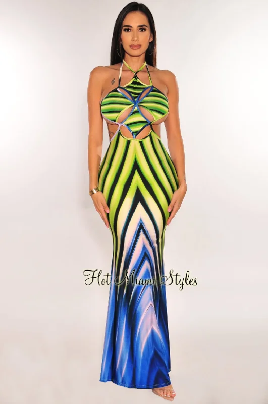 Lime Green Blue Print Halter Cut Out Tie Up Back Maxi Dress Fashionable Sheer Maxi Dress Lime Green Blue Print Halter Cut Out Tie Up Back Maxi Dress Fashionable Sheer Maxi Dress