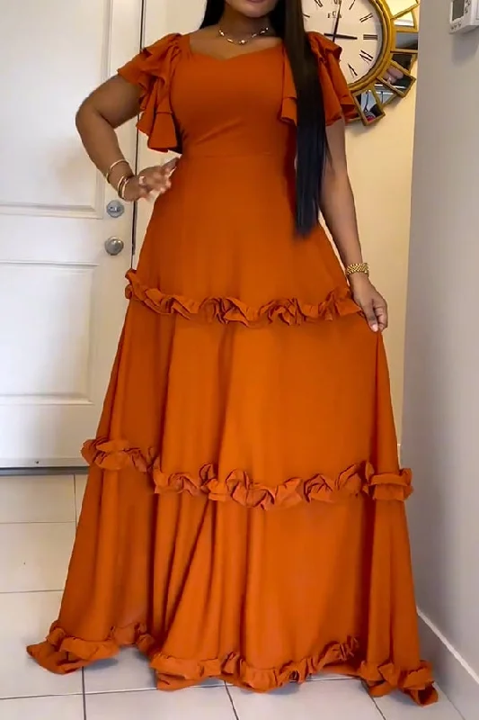 Layered Ruffle Sleeve Frilled Maxi Dress Comfortable T-Shirt Maxi Dress