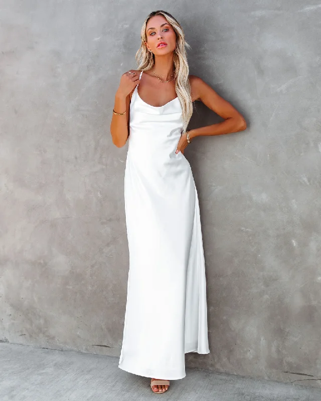 Love Letter Satin Cowl Neck Maxi Dress - Ivory Elegant Maxi Dress with Belt