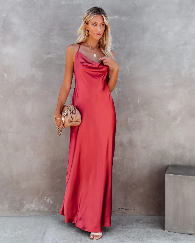 Love Letter Satin Cowl Neck Maxi Dress - Rust Trendy Fit-and-Flare Maxi Dress