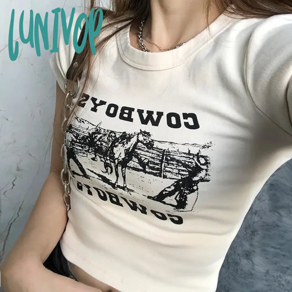 Lunivop Fashion Streetwear O-Neck Slim T-shirt Women Summer Y2K 2024 Letter Print Basic Crop Top Short Sleeve Casual Bodycon Tees Female