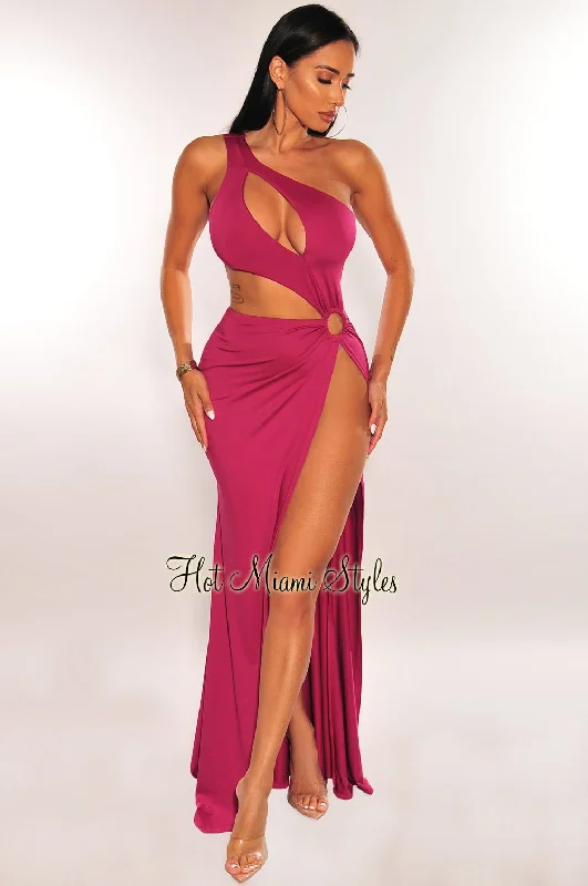 Magenta One Shoulder Keyhole Cut Out O-Ring Slit Maxi Dress Stylish Off-Shoulder Maxi Dress Magenta One Shoulder Keyhole Cut Out O-Ring Slit Maxi Dress Stylish Off-Shoulder Maxi Dress