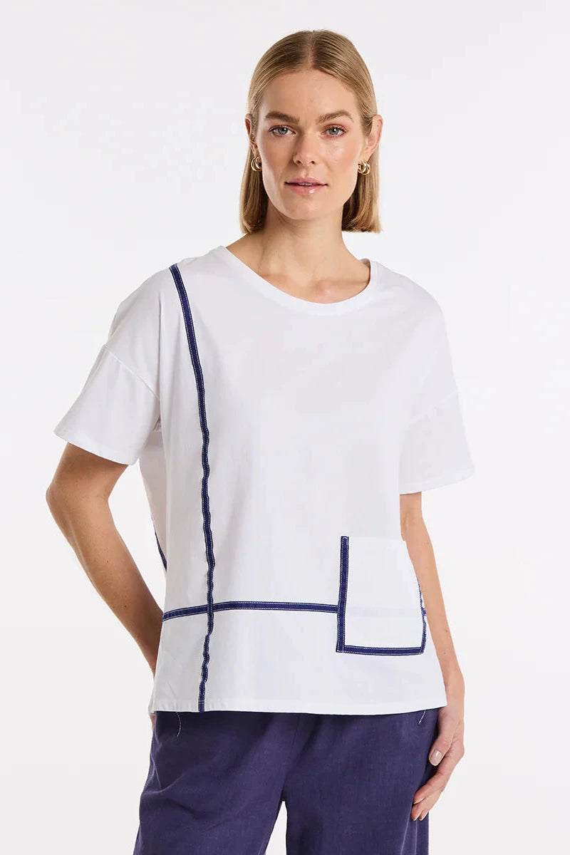 MARCO POLO BOXY TAPE TRIM TEE - WHITE Print Jacquard Patchwork