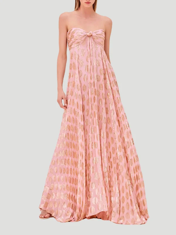 Maryana Strapless Pleated Metallic Maxi Dress