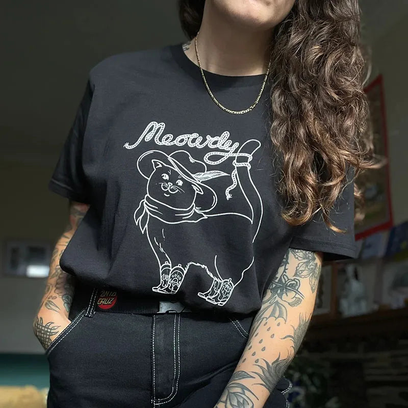 Meowdy Cowboy Cat T-Shirt Houndstooth Herringbone Solid