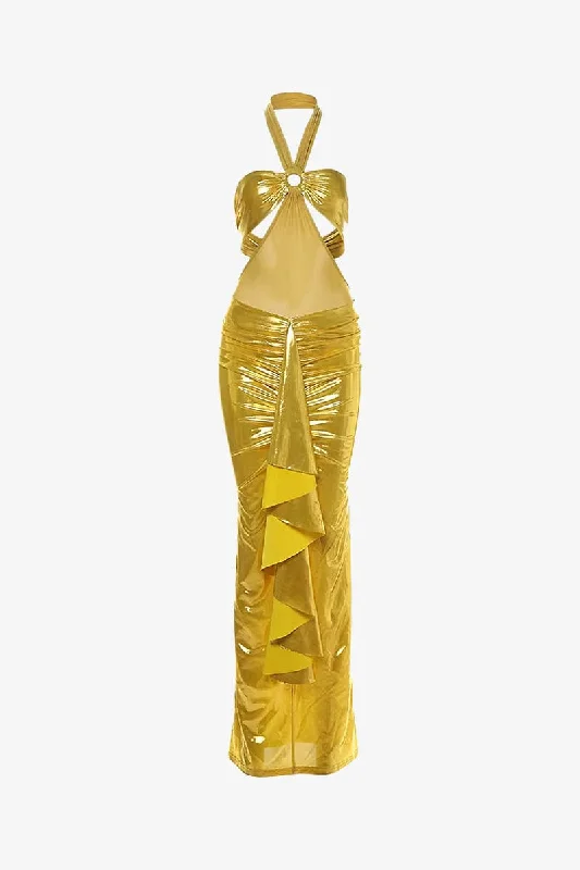 Metallic Gold Cutout Halter Maxi Dress Elegant Silk Maxi Dress