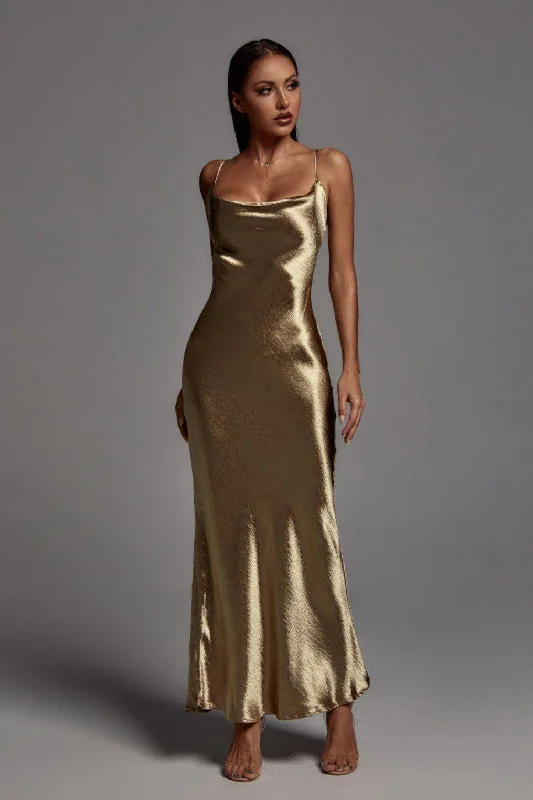 Metallic Gold Maxi Dress- Miss Molly brand Trendy Off-Shoulder Ruffle Maxi Dress