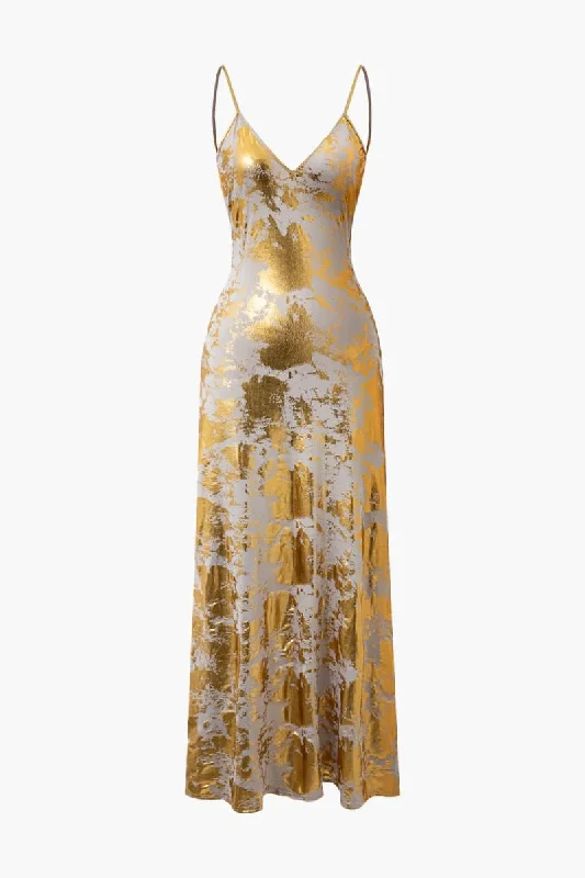 Metallic Gold Slip Maxi Dress Fashionable Button-Down Maxi Dress