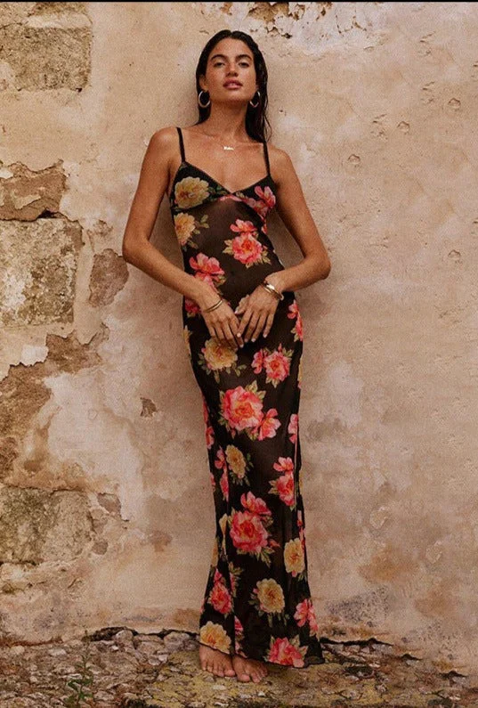 Miamor Floral Print Mesh Maxi Dress Stylish A-Line Maxi Dress