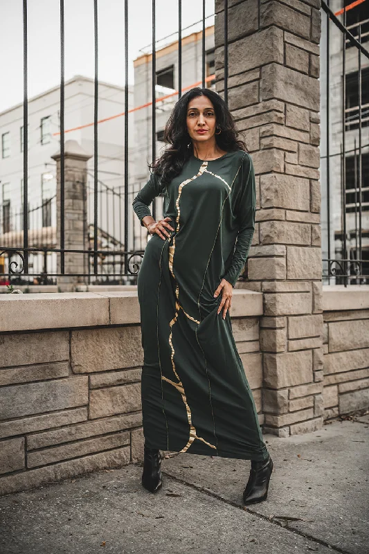 Misa Maxi Dress in Pine Green and Gold Trendy Button Front Maxi Dress