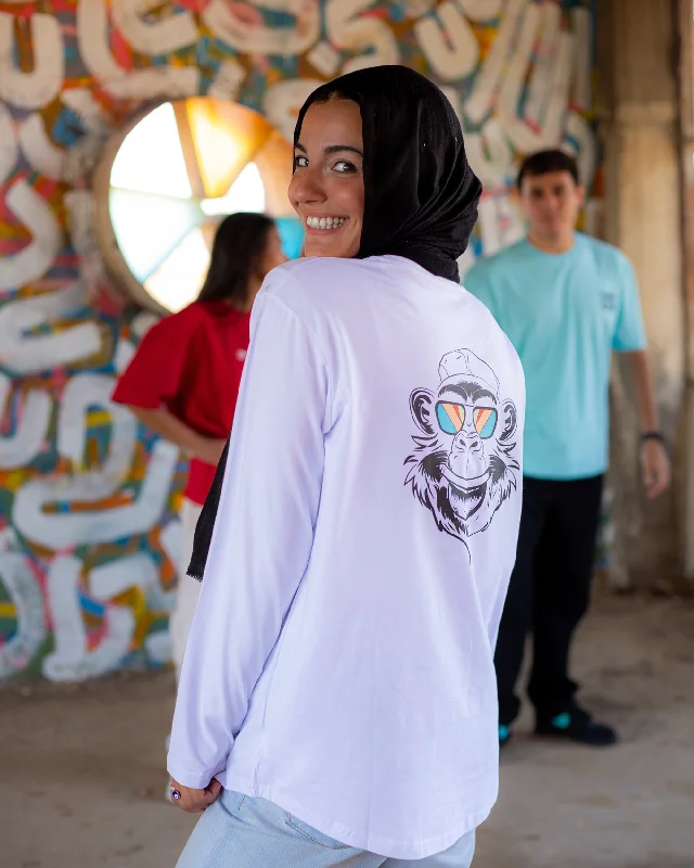 Monkey Women LS T-Shirt - White Collared Crew Neck Turtle Neck