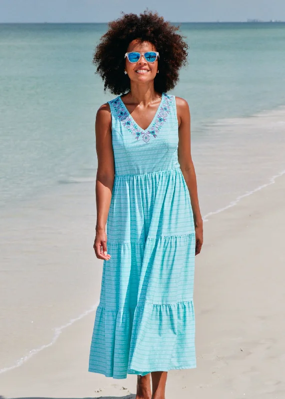 Flowy Naples Embroidered Tiered Maxi Dress Stylish Pleated A-Line Maxi Dress