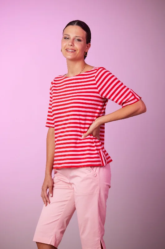 NEWPORT BECKETT STRIPE TEE - CORAL STRIPE Fleece Fabric Down Fabric Feather Fabric