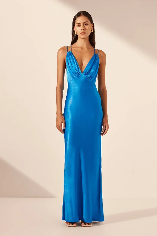 NORA PLUNGED DOUBLE STRAP MAXI DRESS - AQUA Elegant Pleated Maxi Dress