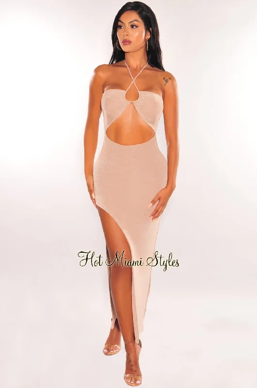 Nude Shimmery Halter Cut Out Slit Maxi Dress Fashionable Chiffon Tiered Maxi Dress