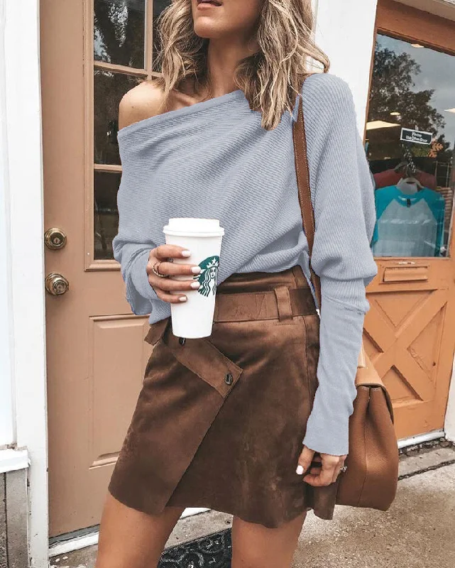 Off-the-shoulder bat sleeve thread t-shirt Mesh Blend Leather Blend Suede Blend