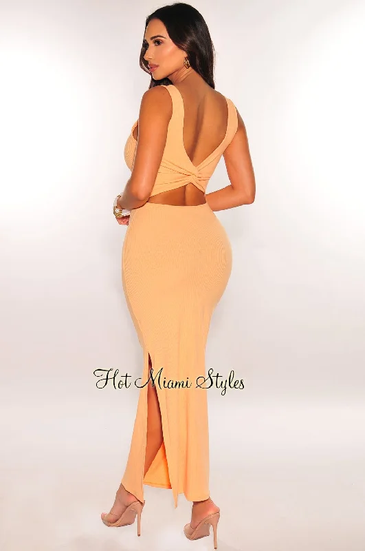 Peach Ribbed Cut Out Knotted Back Maxi Dress Fashionable Sleeveless Maxi Dress
