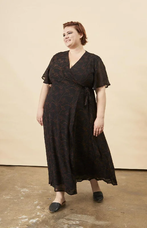 Poppy Flower Butterfly Sleeve Maxi Dress in Black + Copper