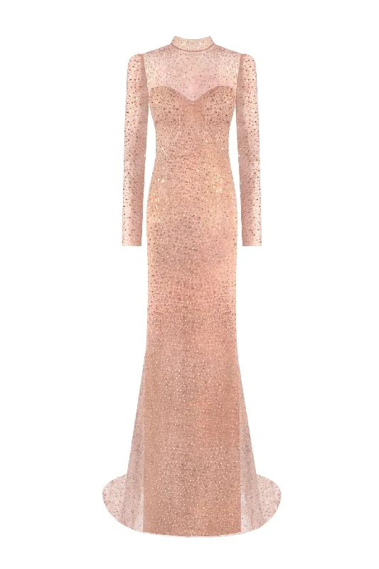 Radiant long-sleeved maxi dress in rose gold Trendy Printed Maxi Dress