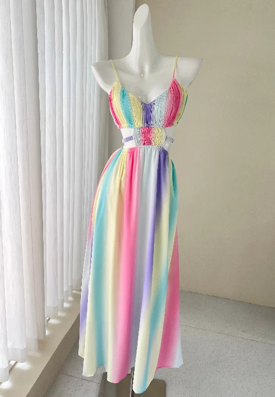 Rainbow Array Pastels Flowy Maxi Dress Cozy Spaghetti Strap Maxi Dress