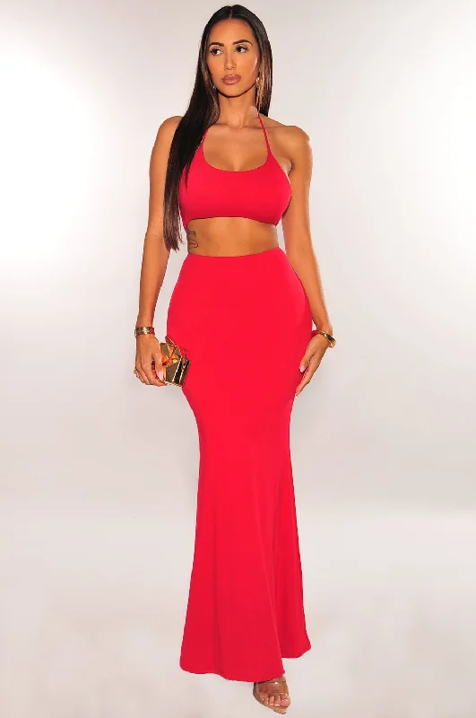 Red Halter Cut Out Mermaid Maxi Dress Chic Off-Shoulder Maxi Dress