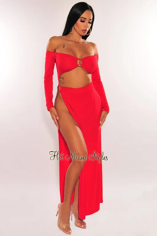 Red Off Shoulder O-Ring Cut Out Long Sleeves Slit Maxi Dress Fashionable Layered Maxi Dress Red Off Shoulder O-Ring Cut Out Long Sleeves Slit Maxi Dress Fashionable Layered Maxi Dress