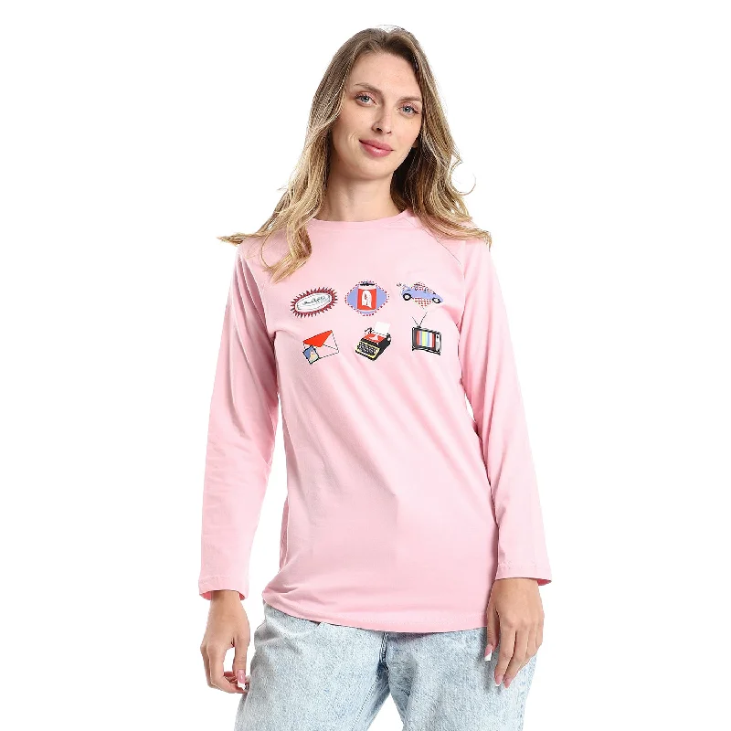 Retro Long Sleeve Round Neck T-shirt- Rose Machine Wash Dry Clean Hand Wash
