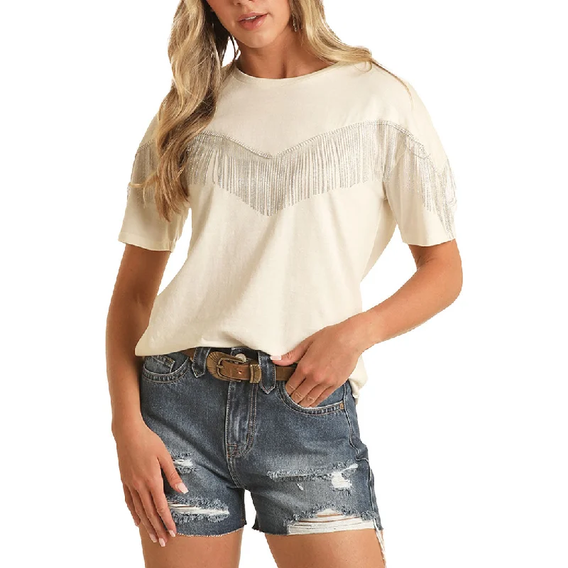 Rock & Roll Cowgirl Women's  Chain V-Fringe T-Shirt Houndstooth Herringbone Solid