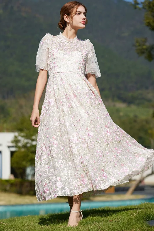 Romantic Ruffle Neck Puff Sleeve Floral Embroidered Tulle Evening Maxi Dress - Pink Trendy Maxi Dress with Straps Romantic Ruffle Neck Puff Sleeve Floral Embroidered Tulle Evening Maxi Dress - Pink Trendy Maxi Dress with Straps
