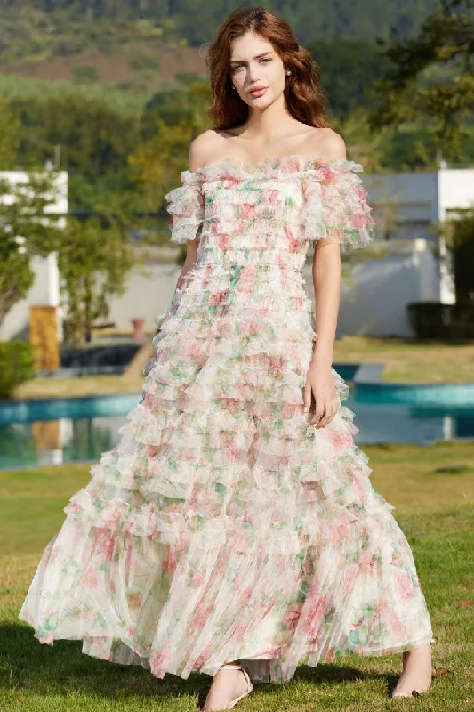 Romantic Ruffle Off Shoulder Floral Printed Tulle Evening Maxi Dress - Apricot Classic Tulle Maxi Dress
