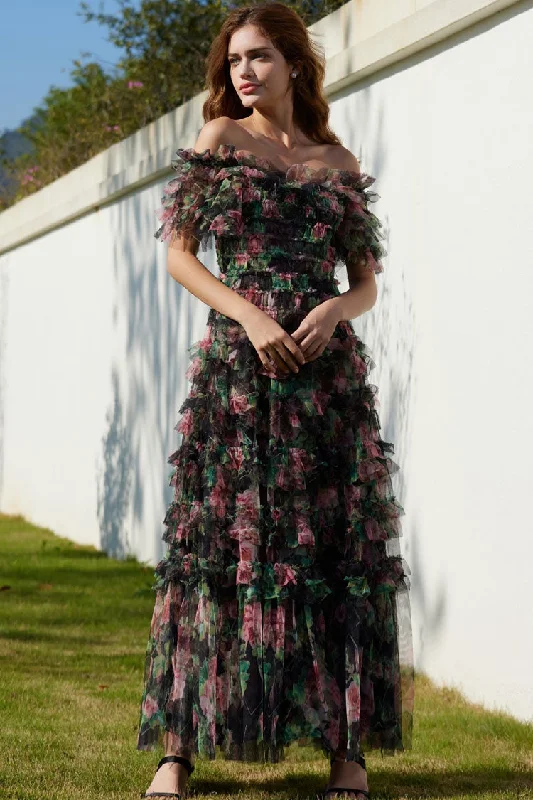 Romantic Ruffle Off Shoulder Floral Printed Tulle Evening Maxi Dress - Black Trendy Floral Print Maxi Dress