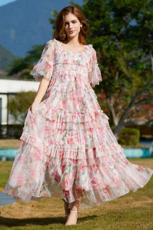 Romantic Square Neck Summer Floral Tulle Ruffle Layered Evening Maxi Dress - Pink Trendy Printed Maxi Dress