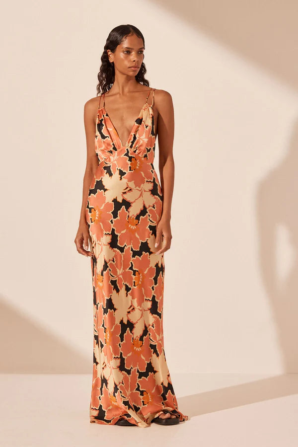 Rosa Silk Plunged Double Strap Maxi Dress Elegant Maxi Dress with Slit