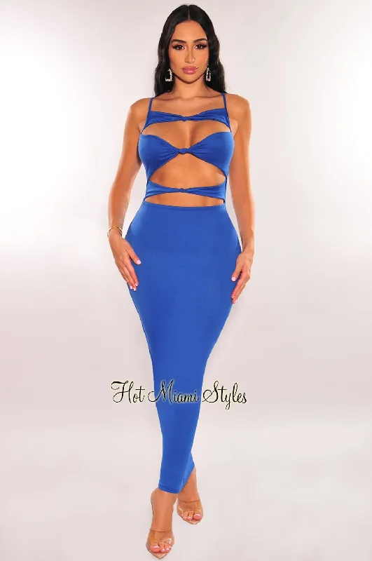 Royal Blue Cut Out Knotted Slim Fit Maxi Dress Elegant Maxi Dress with Lace