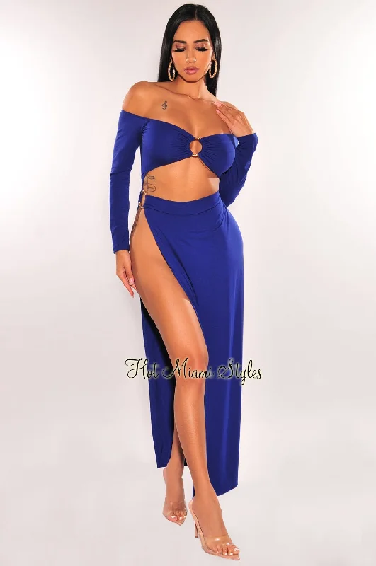 Royal Blue Off Shoulder O-Ring Cut Out Long Sleeves Slit Maxi Dress Classic Tulle Maxi Dress Royal Blue Off Shoulder O-Ring Cut Out Long Sleeves Slit Maxi Dress Classic Tulle Maxi Dress