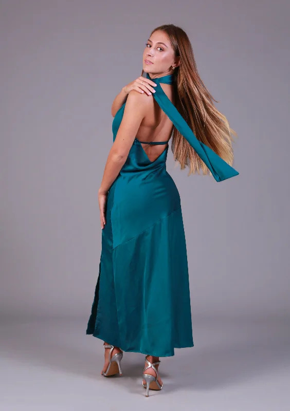 Blue Satin halter maxi dress-  Miss Molly brand Comfortable Flowy Maxi Dress