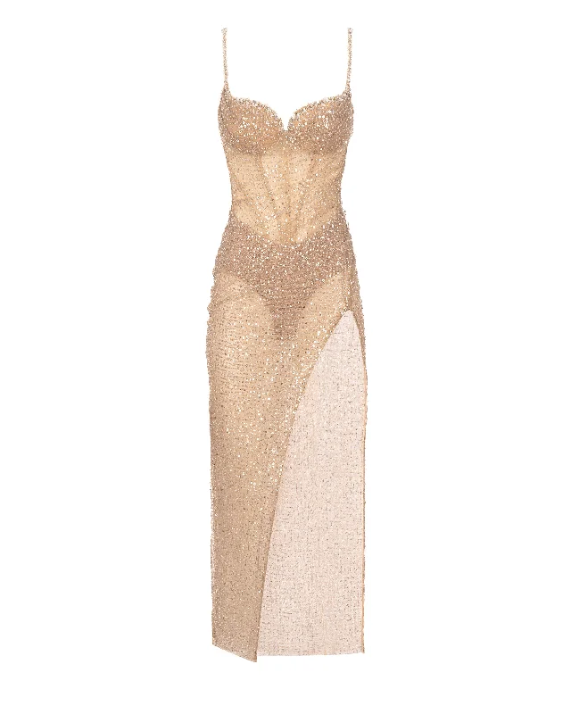 Sensational champagne gold crystal-embellished maxi dress on spaghetti straps Cozy Maxi Dress with Slit