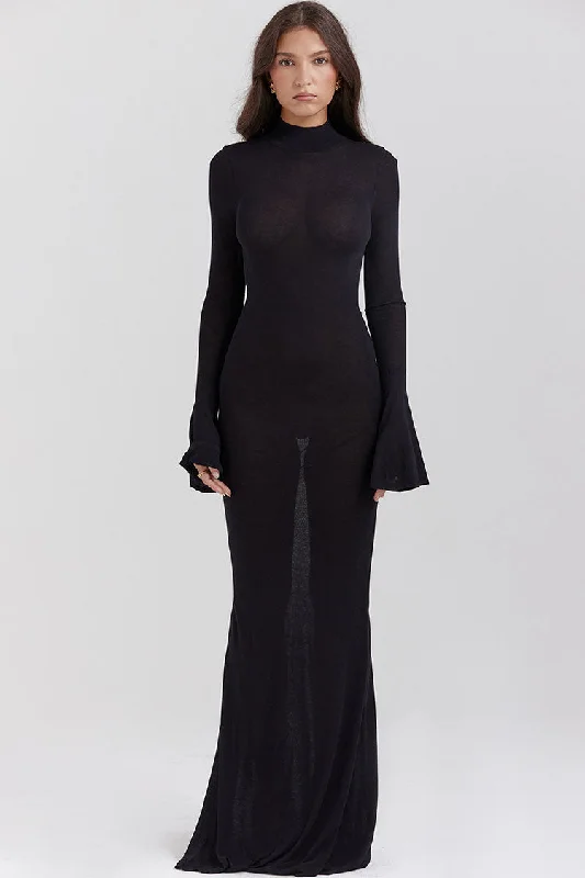 Sexy Cutout Back Mock Neck Bell Sleeve Fishtail Evening Maxi Dress - Black Fashionable Faux Wrap Maxi Dress Sexy Cutout Back Mock Neck Bell Sleeve Fishtail Evening Maxi Dress - Black Fashionable Faux Wrap Maxi Dress