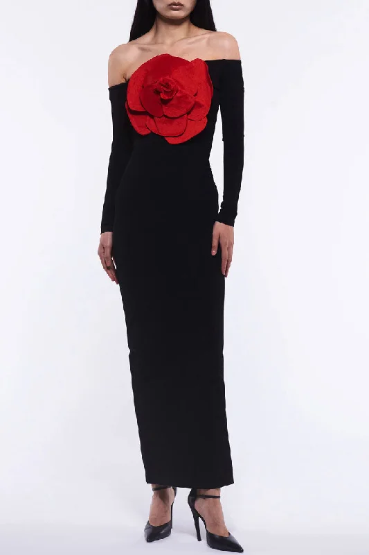 Sexy Off The Shoulder Red Rosette Applique Long Sleeve Evening Maxi Dress - Black Cozy Maxi Dress with Slit Sexy Off The Shoulder Red Rosette Applique Long Sleeve Evening Maxi Dress - Black Cozy Maxi Dress with Slit