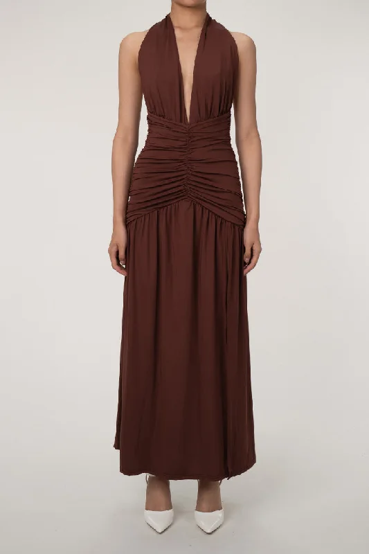 Sexy Plunge Halter Neck Backless Ruched High Split Evening Maxi Dress Trendy Maxi Dress with Bow Sexy Plunge Halter Neck Backless Ruched High Split Evening Maxi Dress Trendy Maxi Dress with Bow